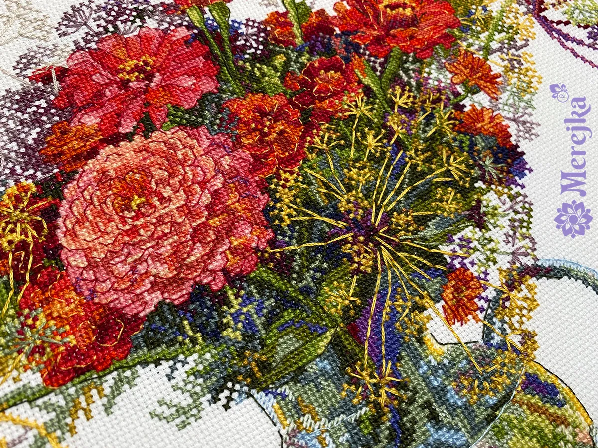 Merejka Zinnia and Dill borduurpakket Aida 16 wit
