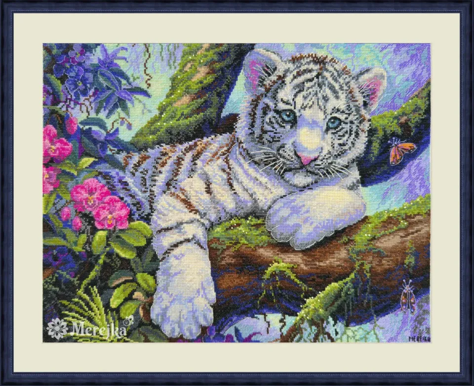 Merejka White Tiger borduurpakket Aida 16 ecru