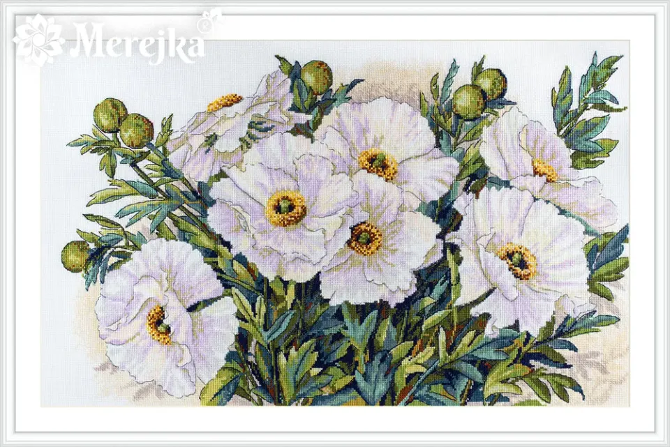 Merejka White Flowers borduurpakket 47x30 wit bloemen