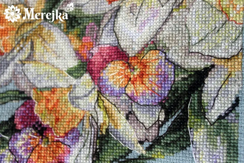 Merejka Daffodils borduurpakket Aida 16 blauwgrijs 37 kleuren