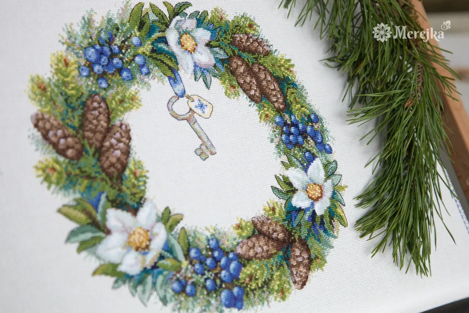 Merejka Winter Wreath borduurpakket Aida 16 wit 28x24,5