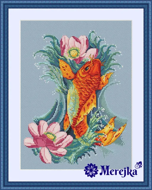 Merejka Golden Koi borduurpakket 26x32 blauw Aida 14