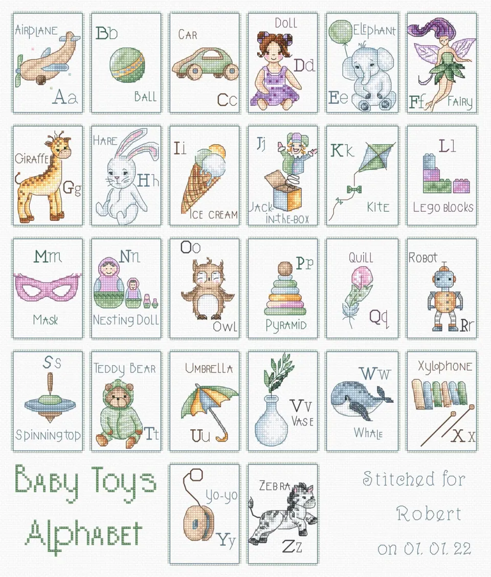Leti Stitch L8063 Baby Toys Alphabet borduurpakket 38x33 cm