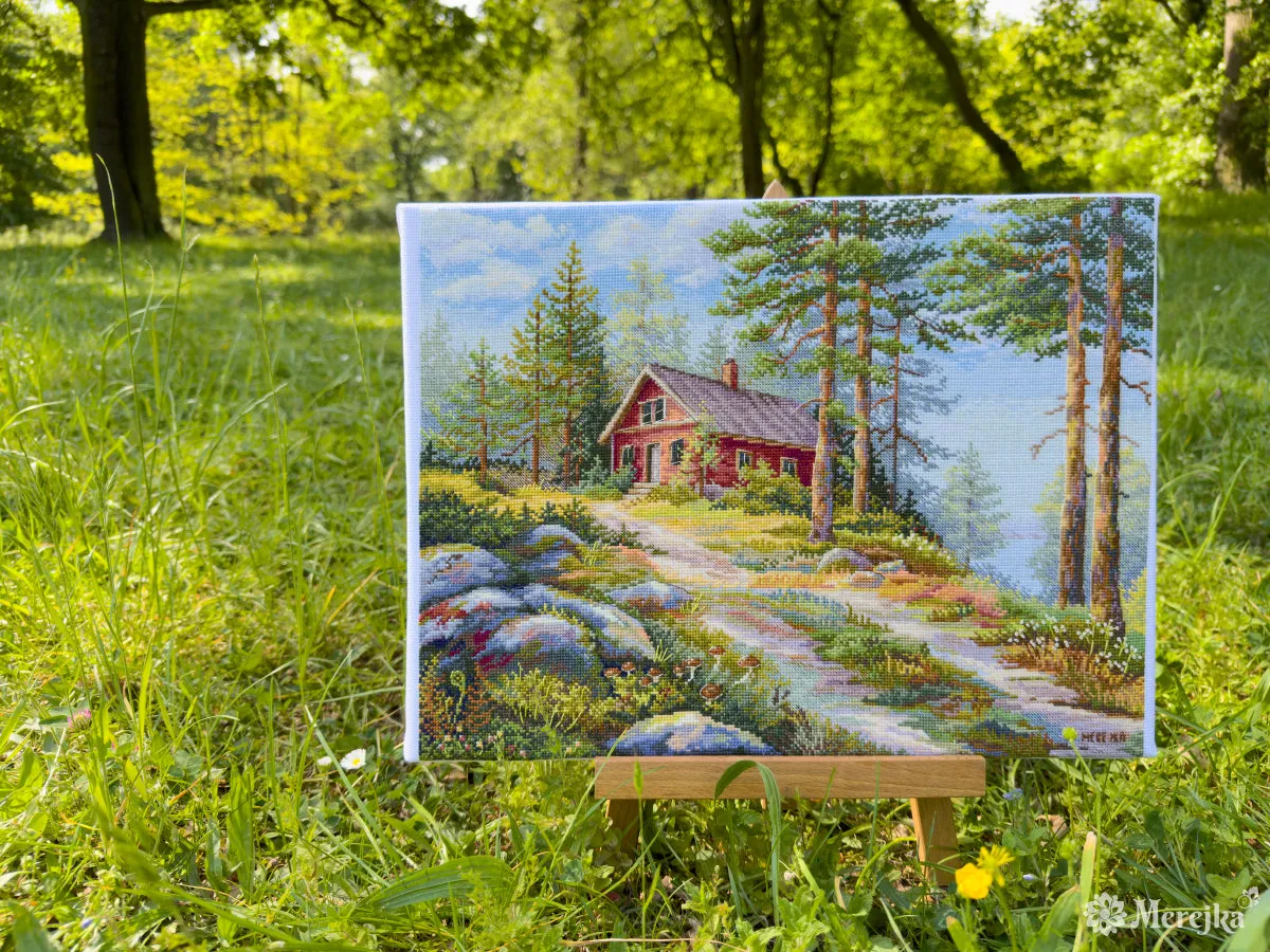 Merejka Red Cabin in the Woods borduurpakket wit