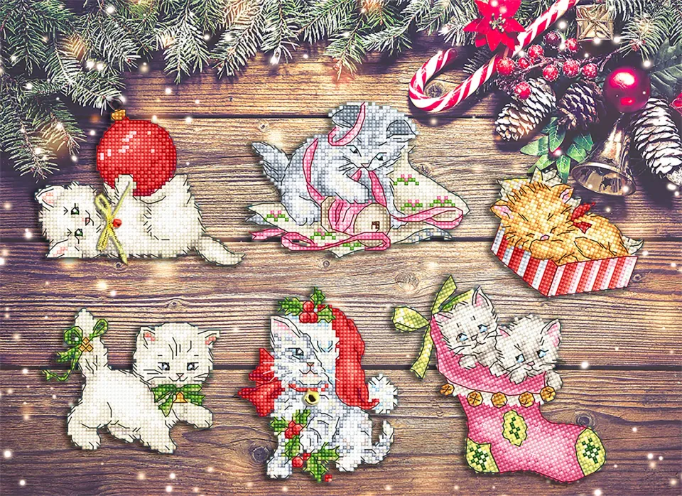 Leti Stitch L430 Christmas Kitties patroon 6 ornamenten