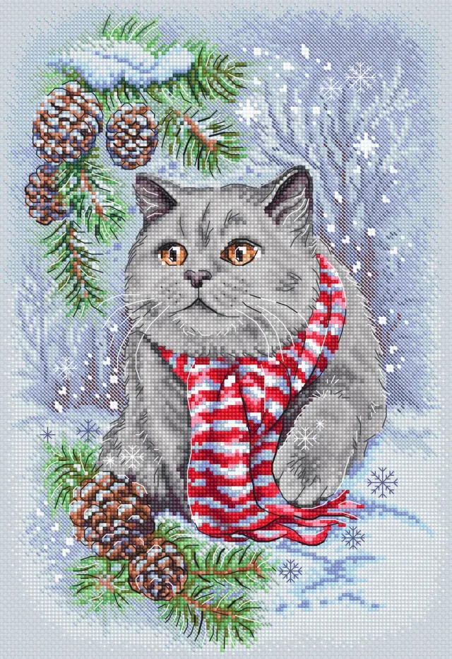 Leti Stitch L8997 Winter Cat borduurpakket 19x28 cm Aida 16ct