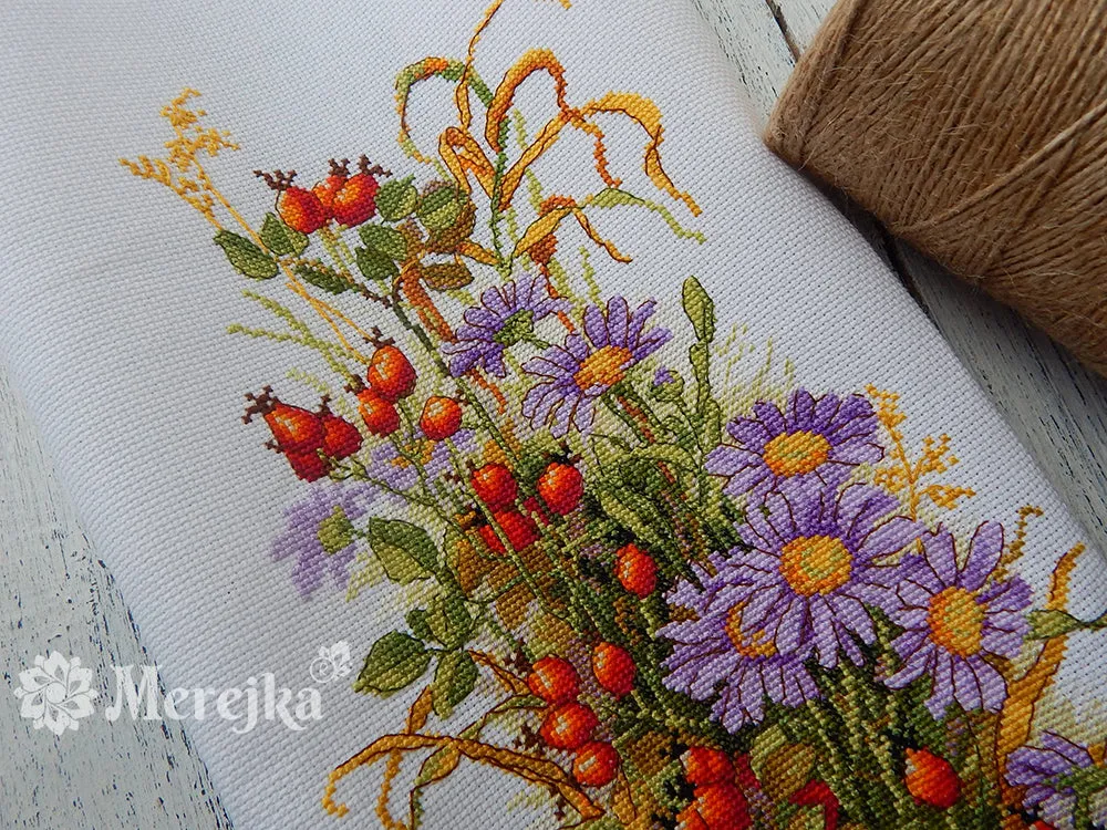 Merejka Wildrose Berries borduurpakket Aida 16 wit 25 kleuren