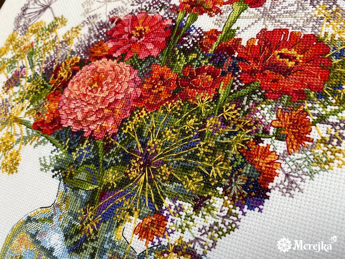 Merejka Zinnia and Dill borduurpakket Aida 16 wit