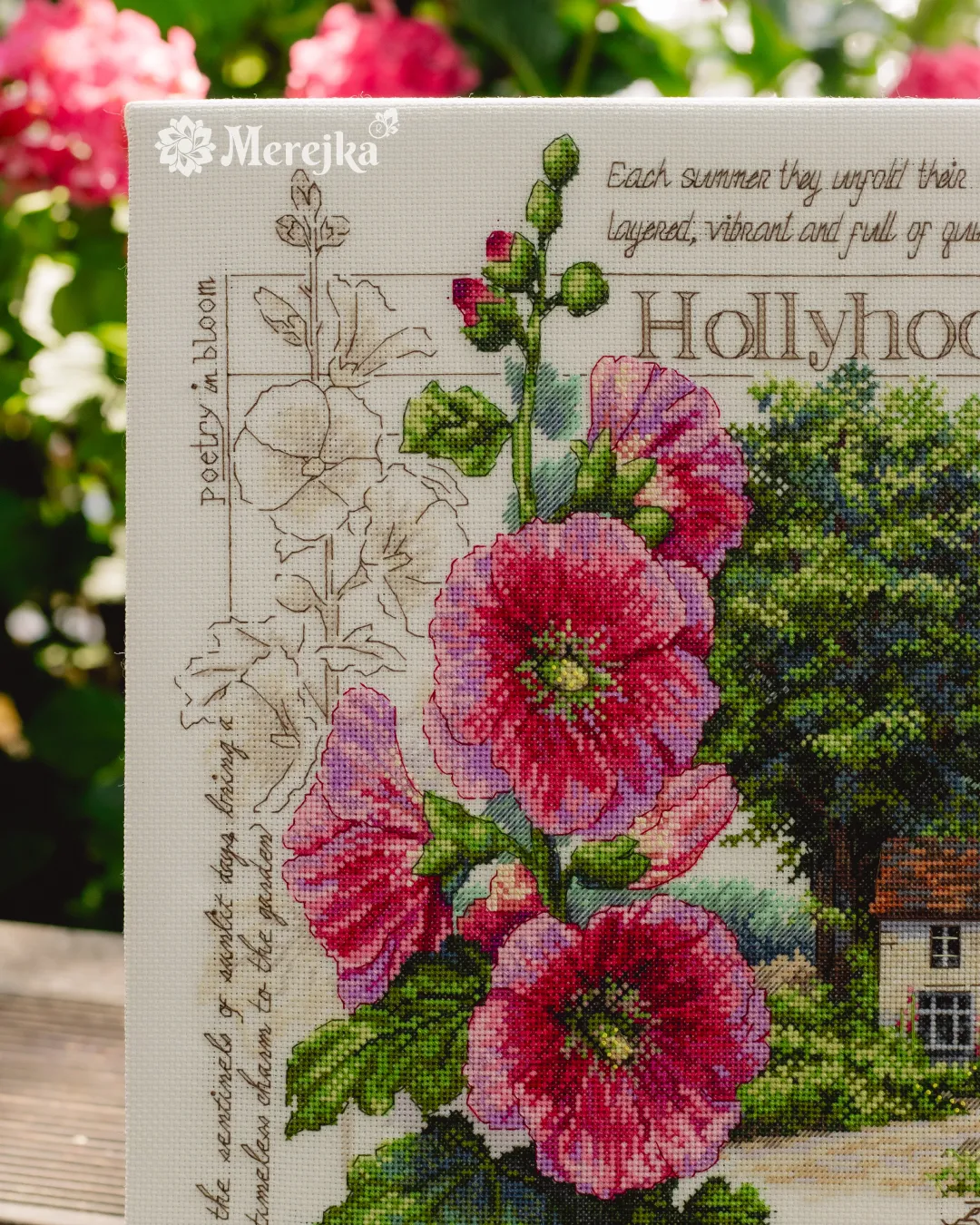 Merejka Hollyhock Cottage borduurpakket huis 30x35