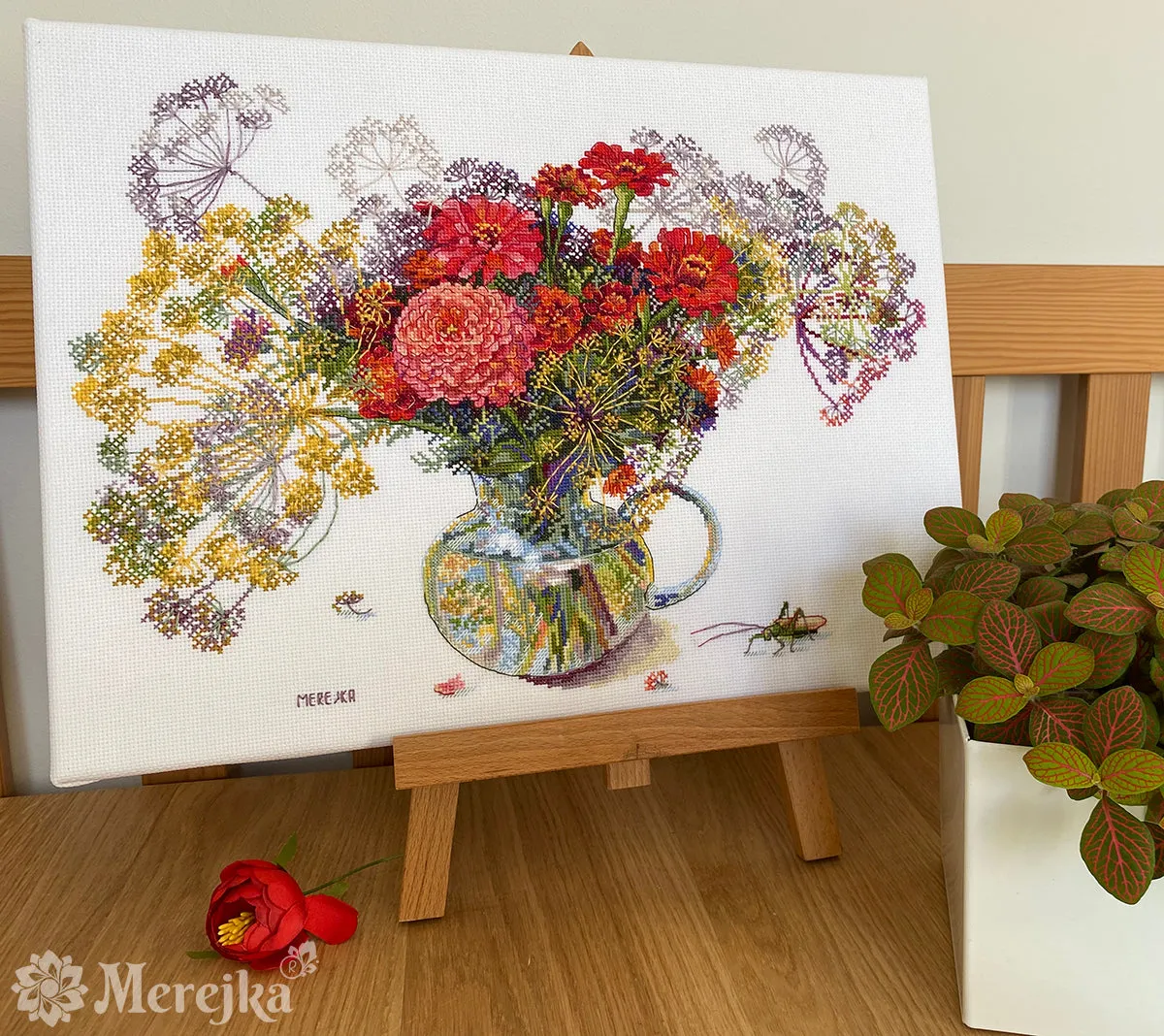 Merejka Zinnia and Dill borduurpakket Aida 16 wit