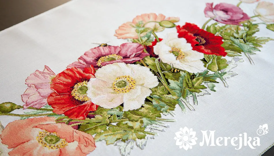 Merejka Poppies borduurpakket 80x30 cm wit