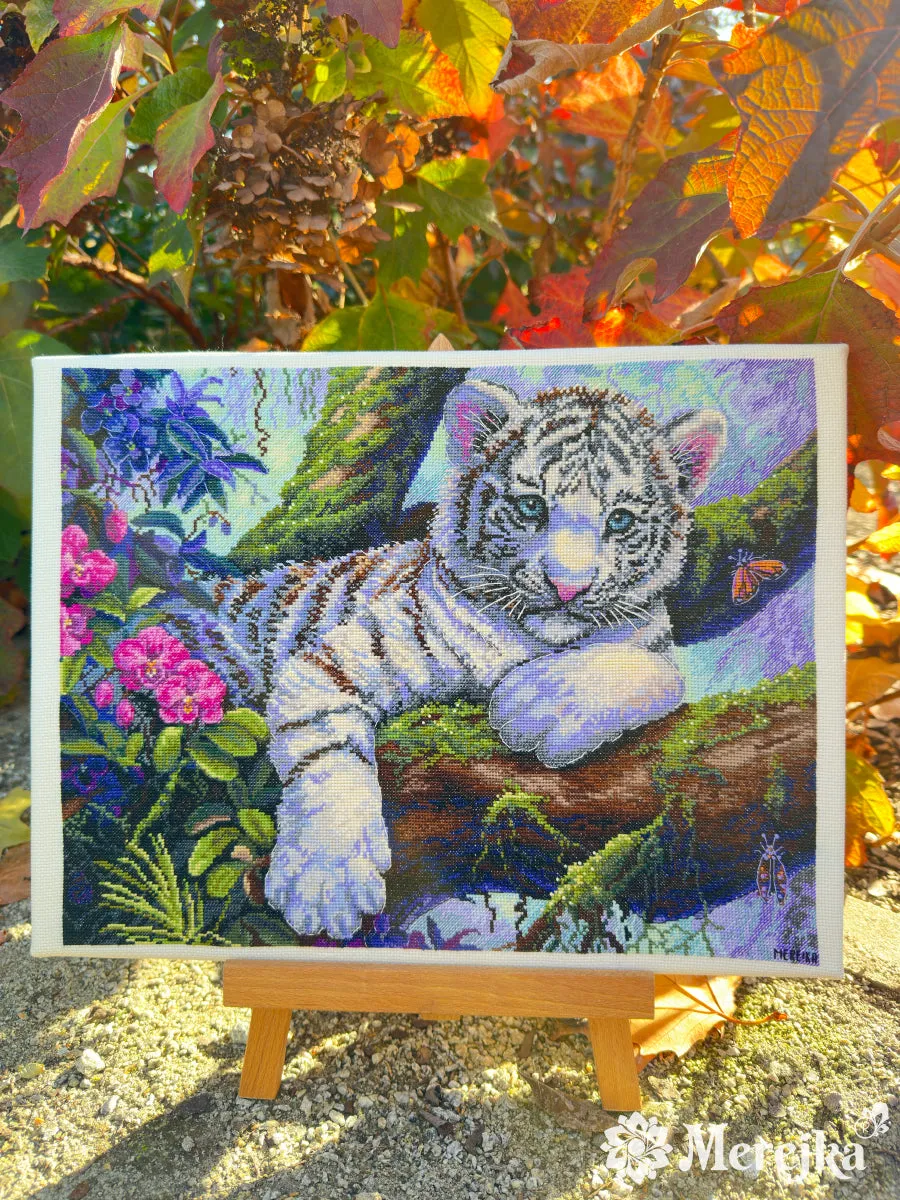 Merejka White Tiger borduurpakket Aida 16 ecru