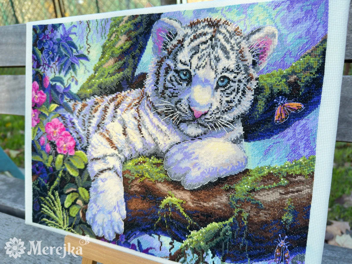 Merejka White Tiger borduurpakket Aida 16 ecru
