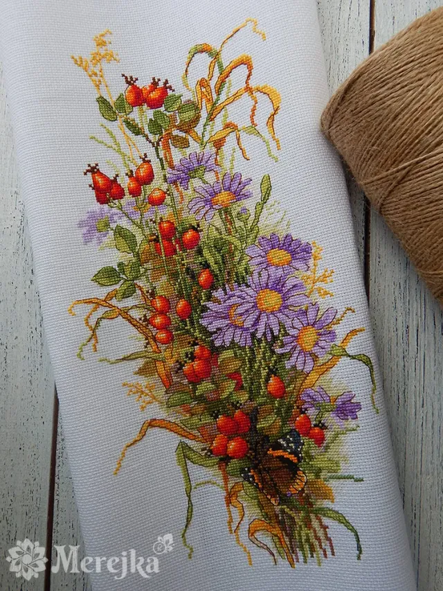 Merejka Wildrose Berries borduurpakket Aida 16 wit 25 kleuren