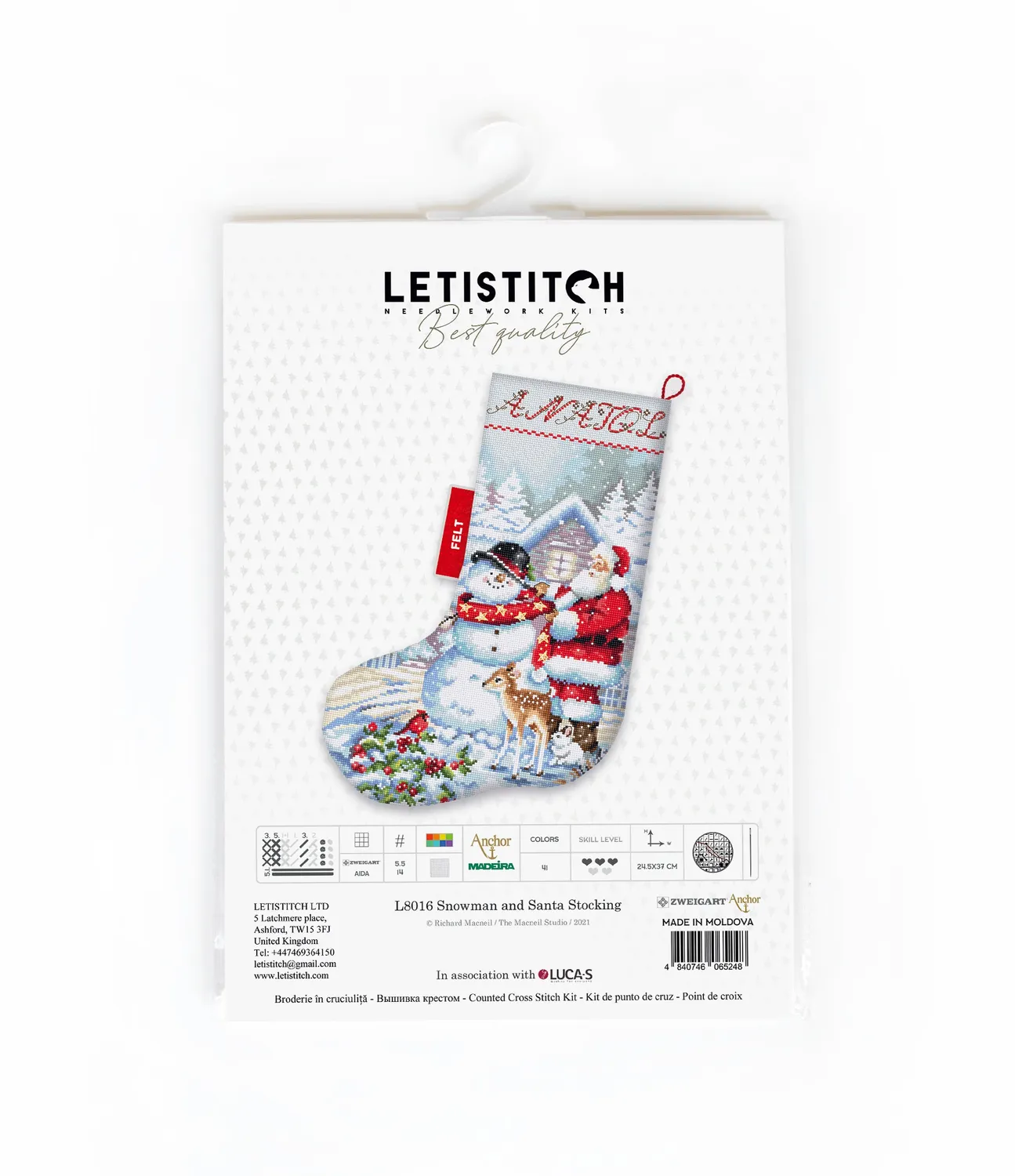 Leti Stitch L8016 Snowman Kerstsok borduurpakket vilt