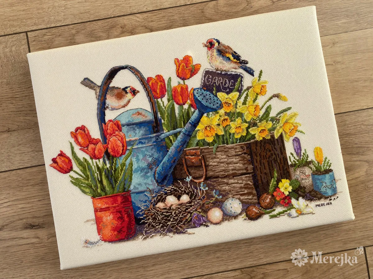 Merejka Spring Garden borduurpakket Aida 16 ecru