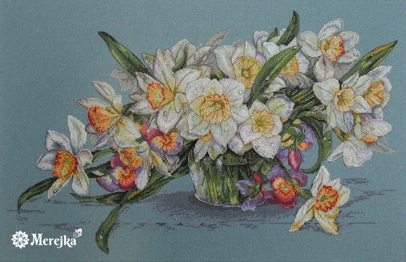 Merejka Daffodils borduurpakket Aida 16 blauwgrijs 37 kleuren