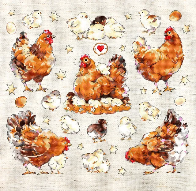 Leti Stitch L8819 Pied Hens borduurpakket 33x30 cm kippen