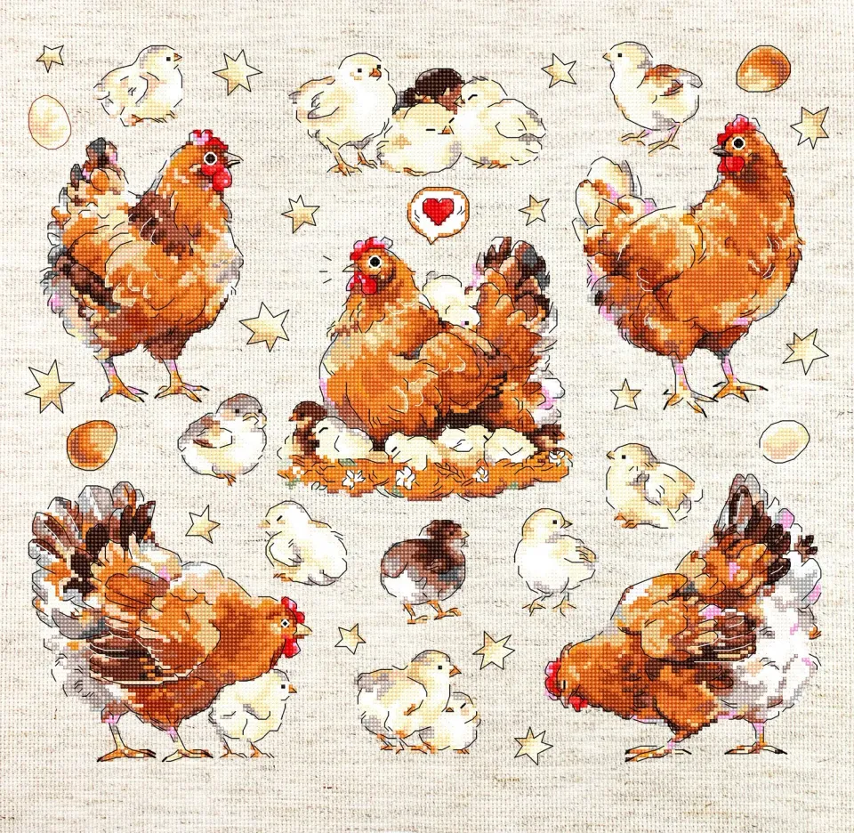 Leti Stitch L8819 Pied Hens borduurpakket 33x30 cm kippen