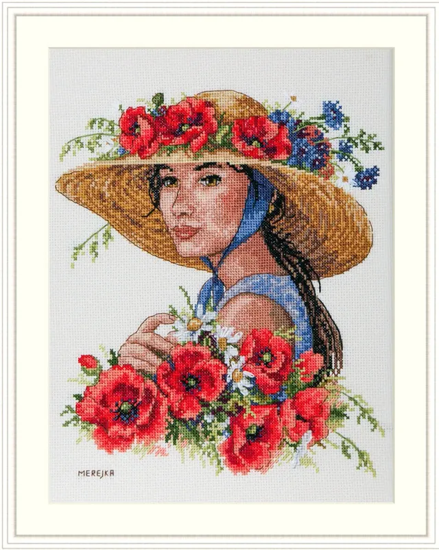 Merejka Flower Hat borduurpakket Aida 16 ecru