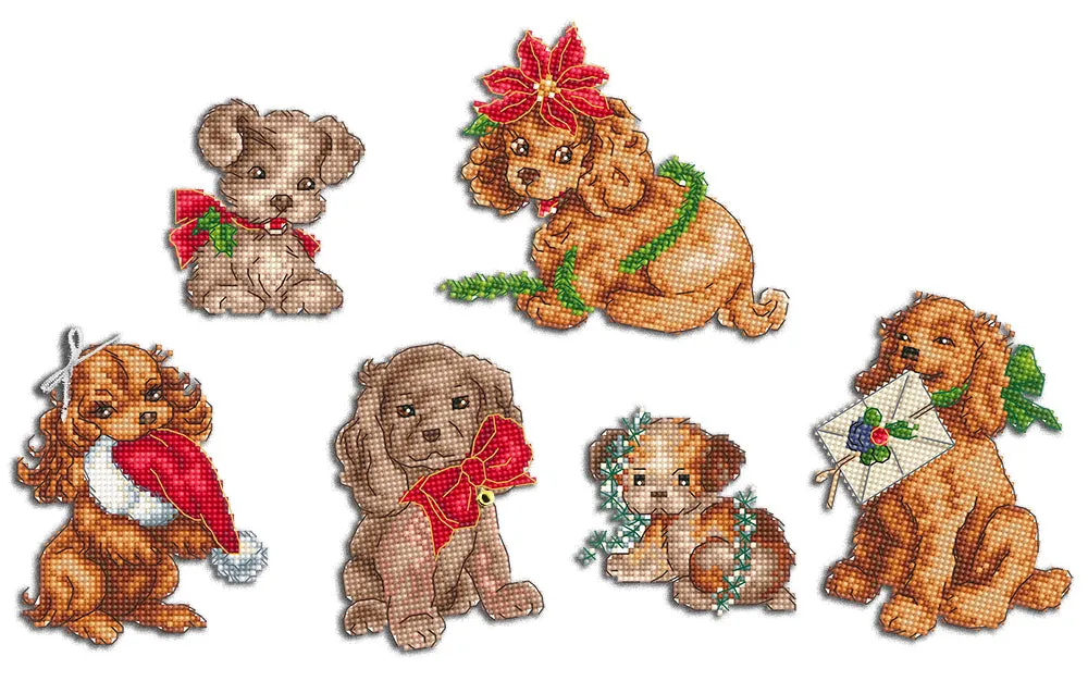Leti Stitch L470 Christmas Puppies patroon 6 ornamenten