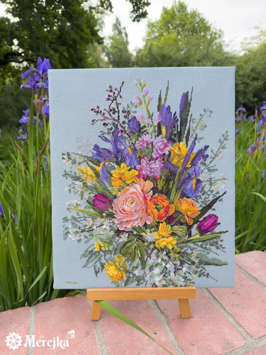 Merejka Garden Awakening borduurpakket Aida 16 blauw-grijs