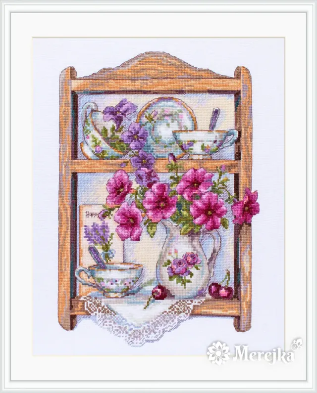 Merejka Petunias borduurpakket Aida 16 wit 21x31 cm