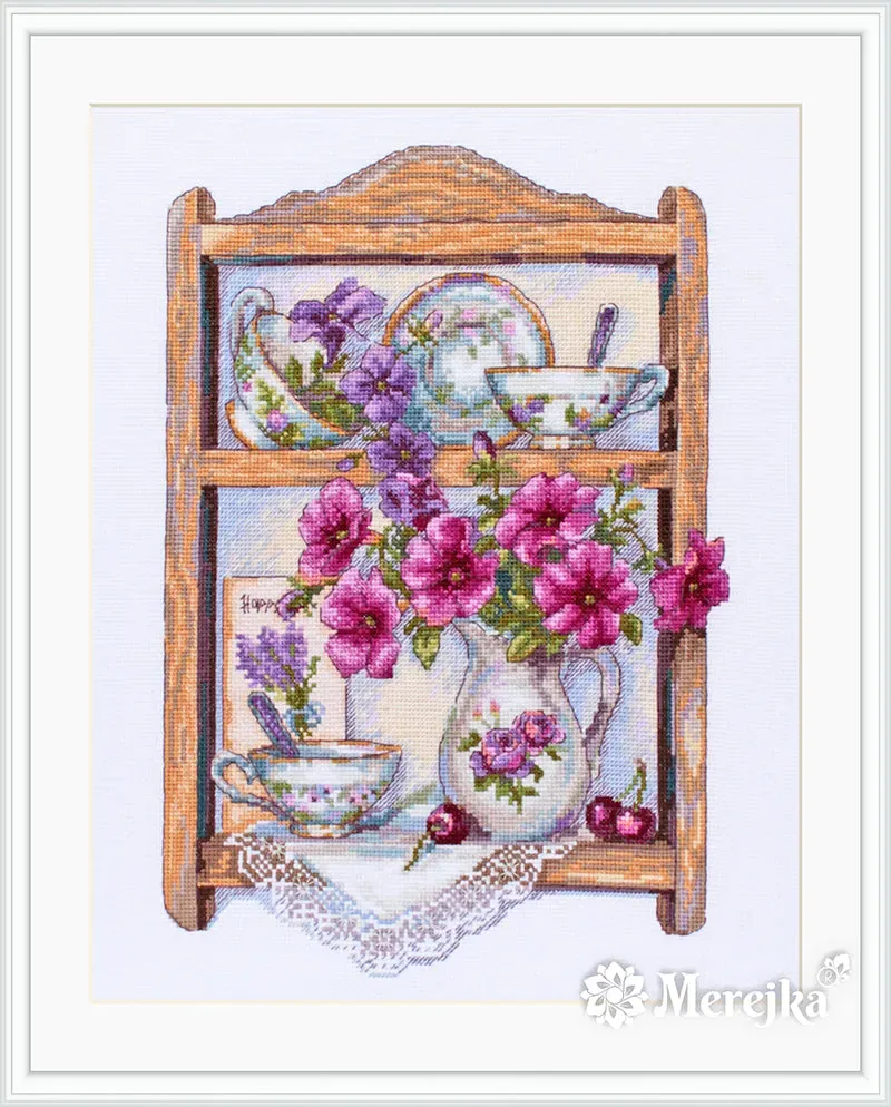 Merejka Petunias borduurpakket Aida 16 wit 21x31 cm