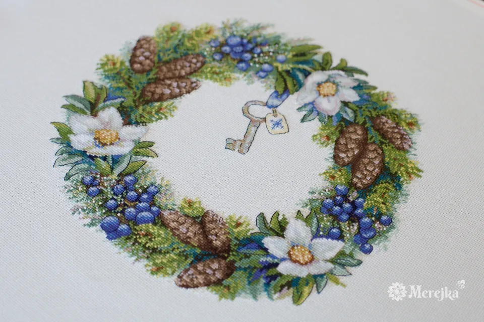 Merejka Winter Wreath borduurpakket Aida 16 wit 28x24,5