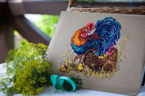 Merejka Rooster and Hen borduurpakket 21x21 cm bruin