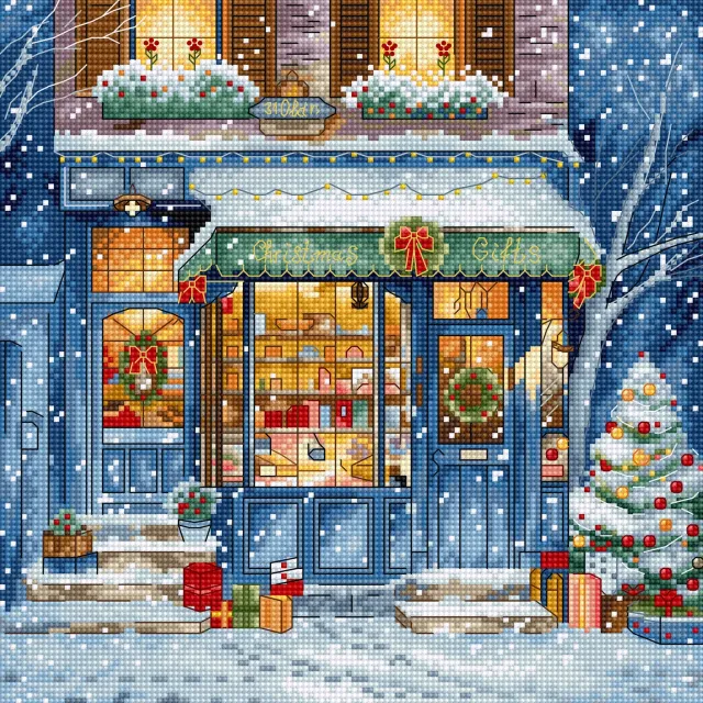 Leti Stitch L8109 Christmas Gifts Shop borduurpakket 21x21cm 52 kleuren