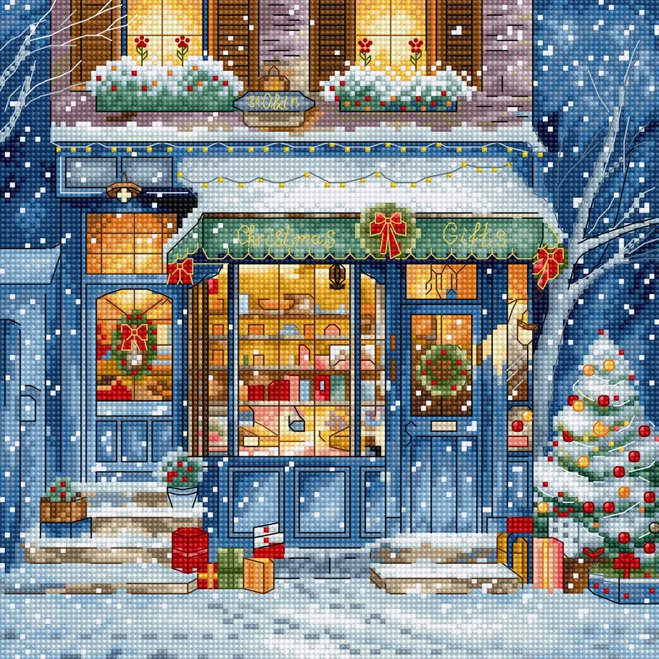 Leti Stitch L8109 Christmas Gifts Shop borduurpakket 21x21cm 52 kleuren