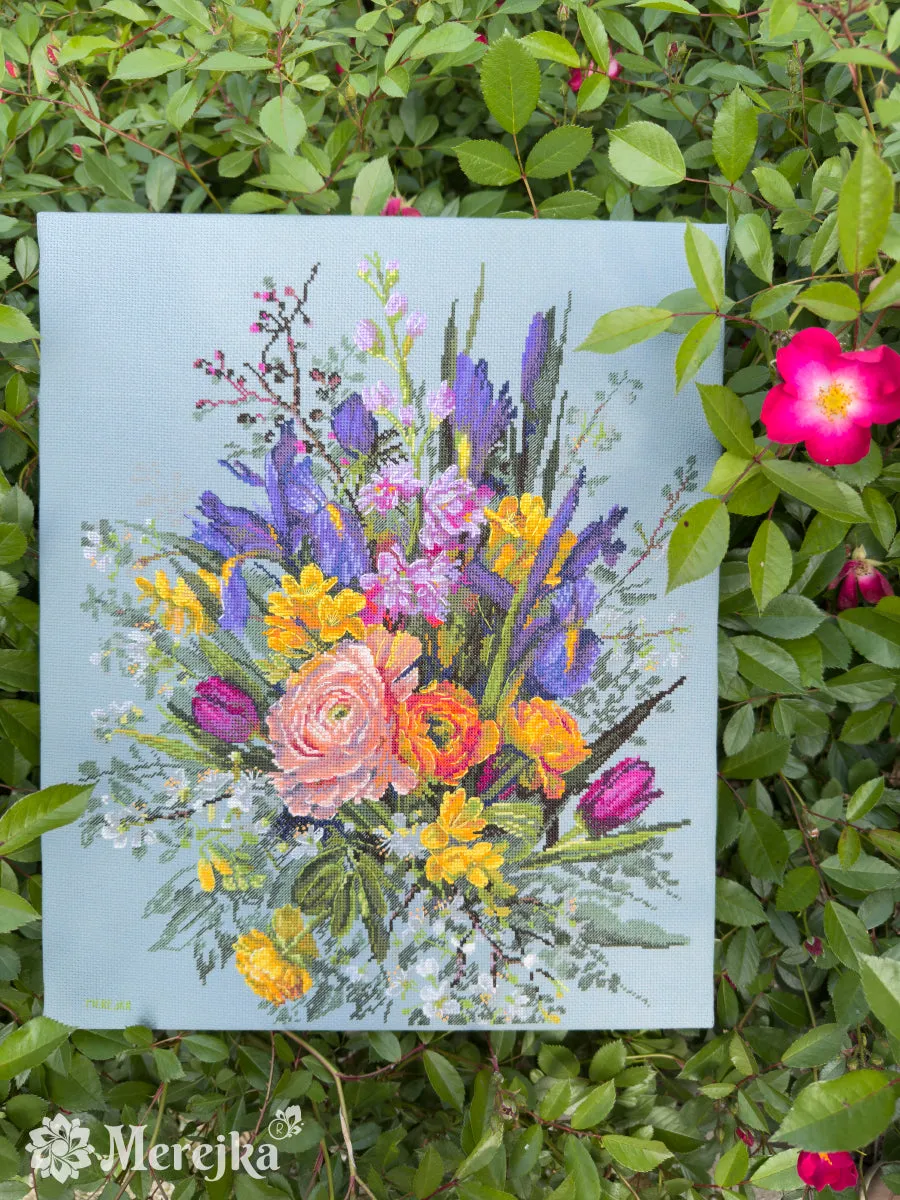 Merejka Garden Awakening borduurpakket Aida 16 blauw-grijs