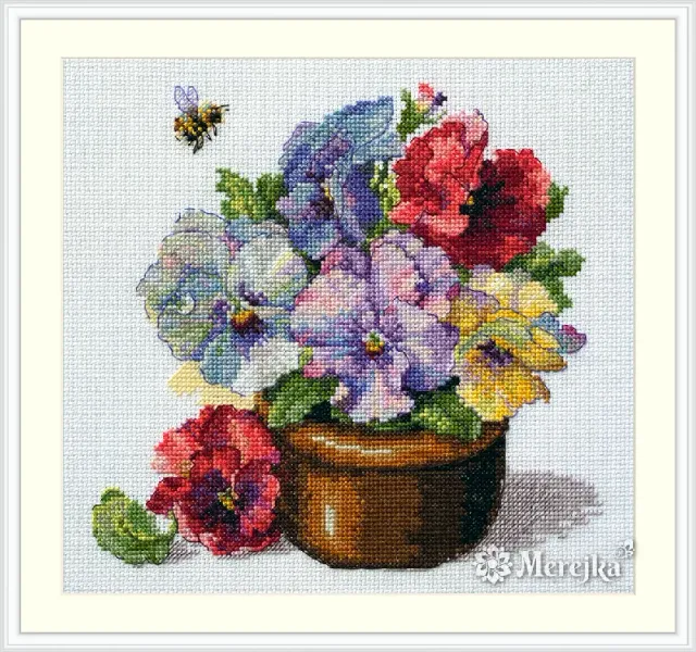 Merejka Spring Pansies borduurpakket viooltjes 18x17