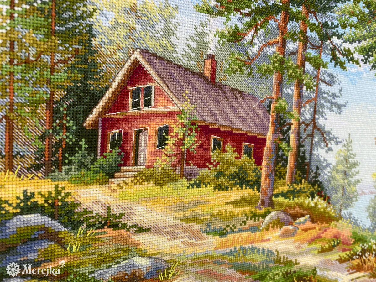 Merejka Red Cabin in the Woods borduurpakket wit