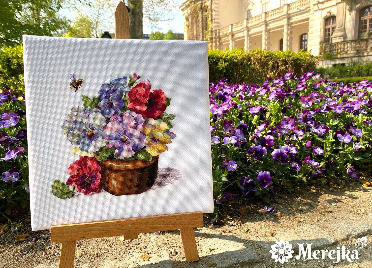 Merejka Spring Pansies borduurpakket viooltjes 18x17