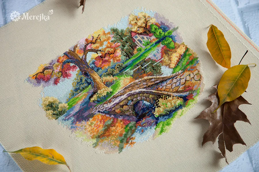 Merejka Autumn Landscape borduurpakket Aida 16 cappuccino