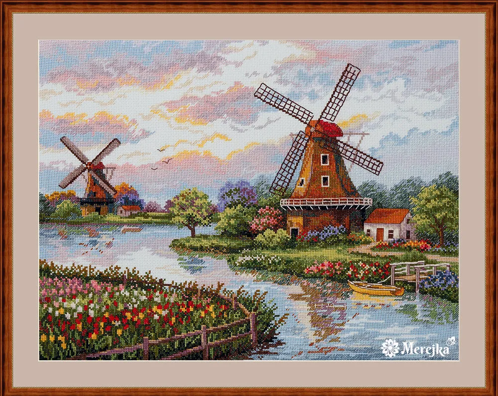 Merejka Dutch Windmills borduurpakket 30x40 ijsblauw molens
