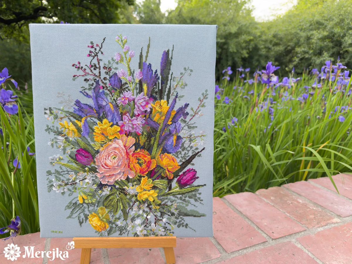Merejka Garden Awakening borduurpakket Aida 16 blauw-grijs