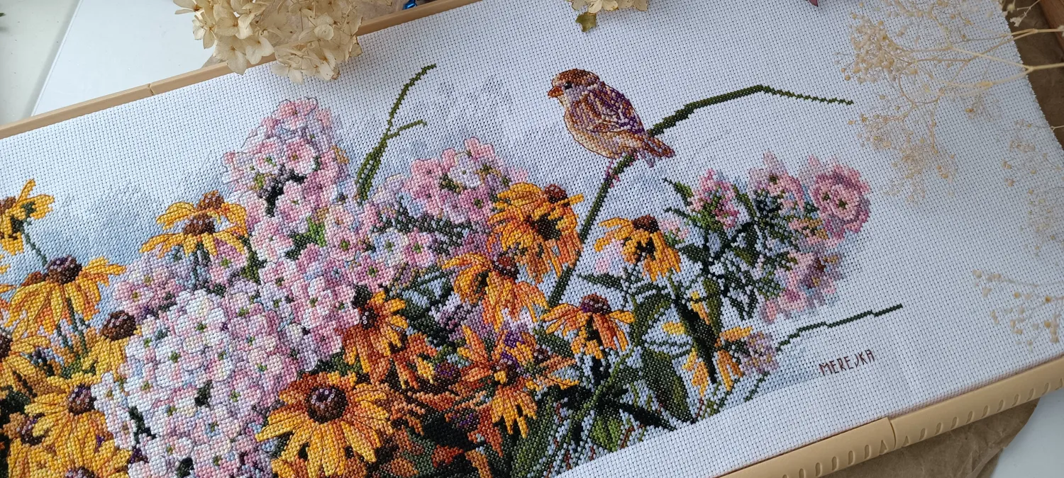 Merejka Black Eyed Susans borduurpakket Aida 16 wit