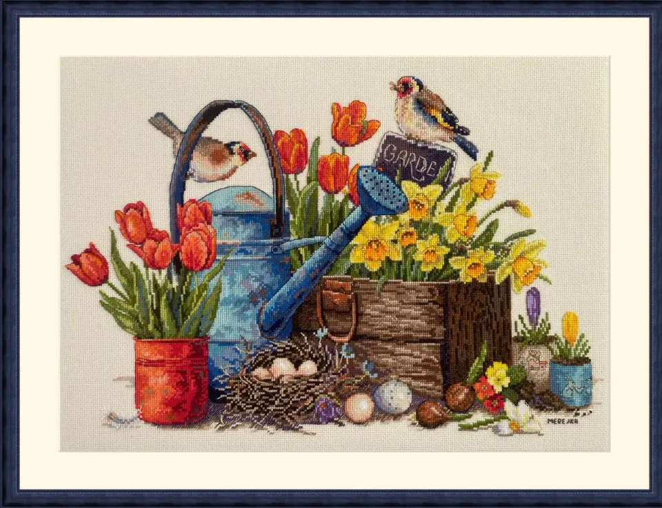 Merejka Spring Garden borduurpakket Aida 16 ecru