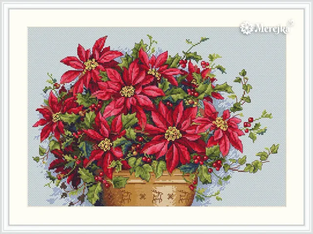 Merejka Poinsettia borduurpakket 35x24 ijsblauw winter