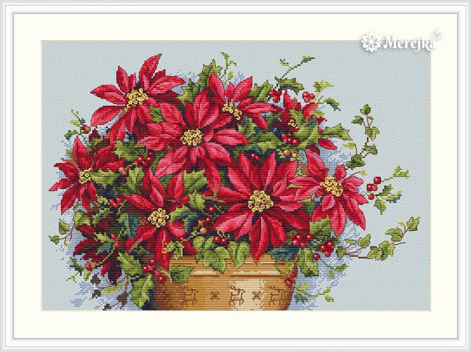 Merejka Poinsettia borduurpakket 35x24 ijsblauw winter