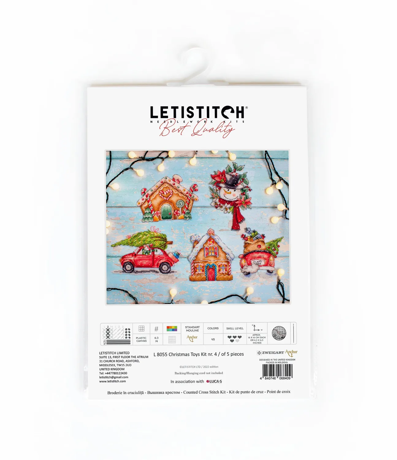 Leti Stitch L8055 Christmas Toys borduurpakket 5 stuks plastic canvas