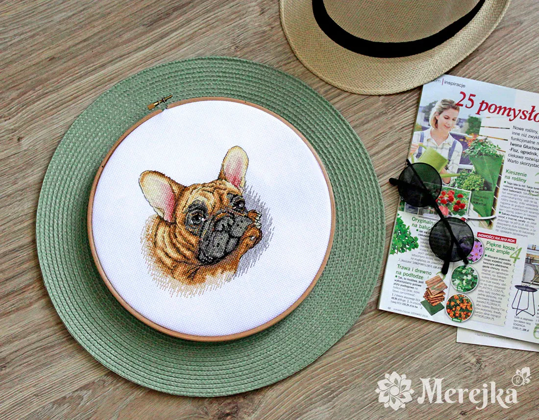 Merejka French Bulldog borduurpakket wit 15x15 cm