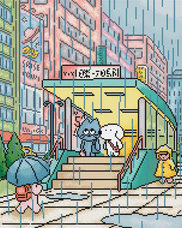 Leti Stitch L10-027 Rainy Station borduurpakket 24x30 aida