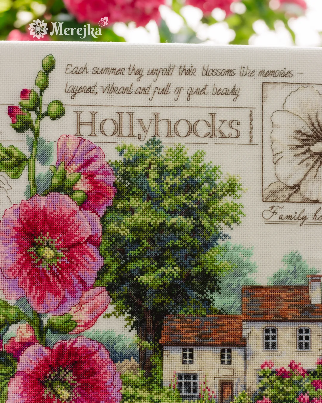 Merejka Hollyhock Cottage borduurpakket huis 30x35