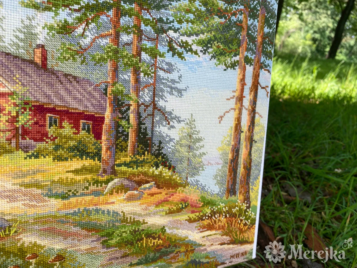 Merejka Red Cabin in the Woods borduurpakket wit