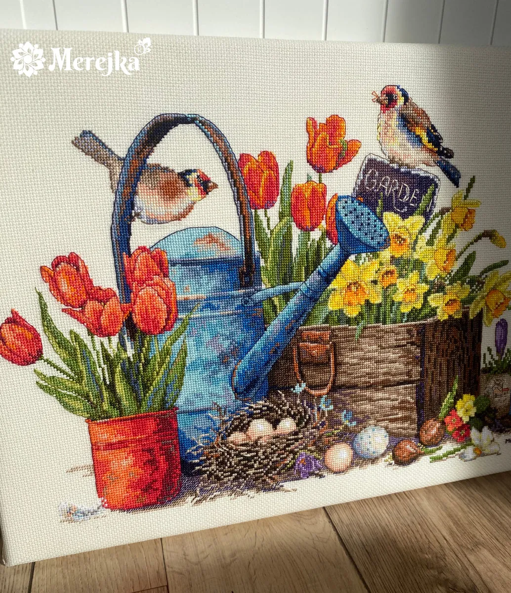 Merejka Spring Garden borduurpakket Aida 16 ecru