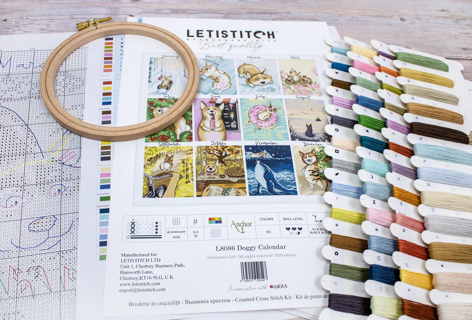 Leti Stitch L8086 Doggy Calendar borduurpakket 43x41 honden
